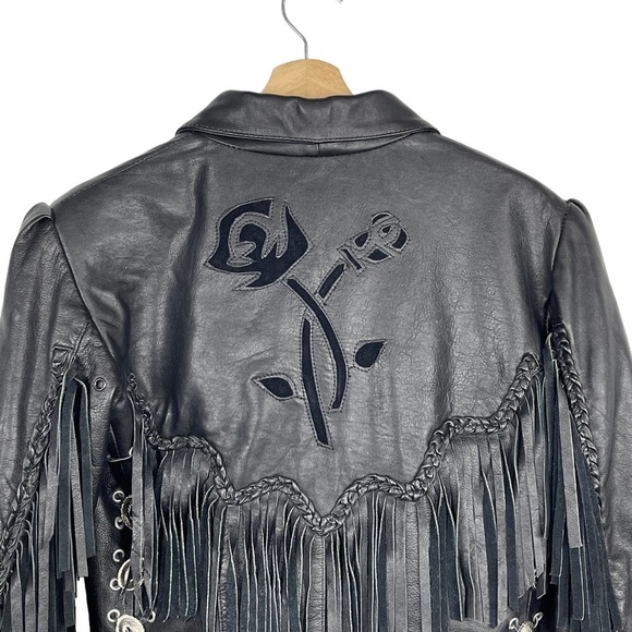 VINTAGE ALCATRAZ BLACK LEATHER FRINGE BRAIDED CONCHO ZIP ROCKSTAR LEATHER JACKET - Picture 9 of 17